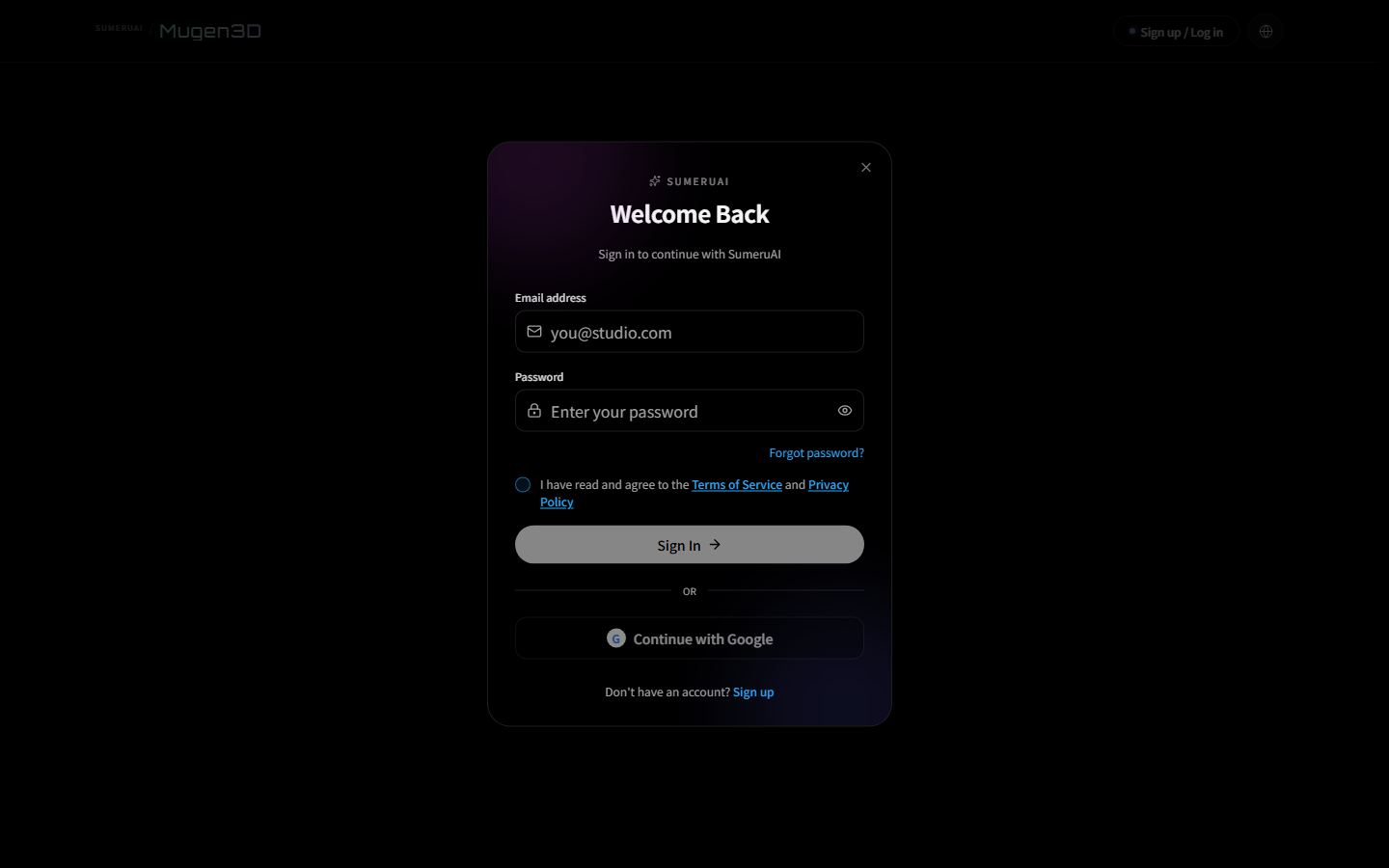 Create now opens this sign-in dialog if you are out. Email or Google, then the studio.