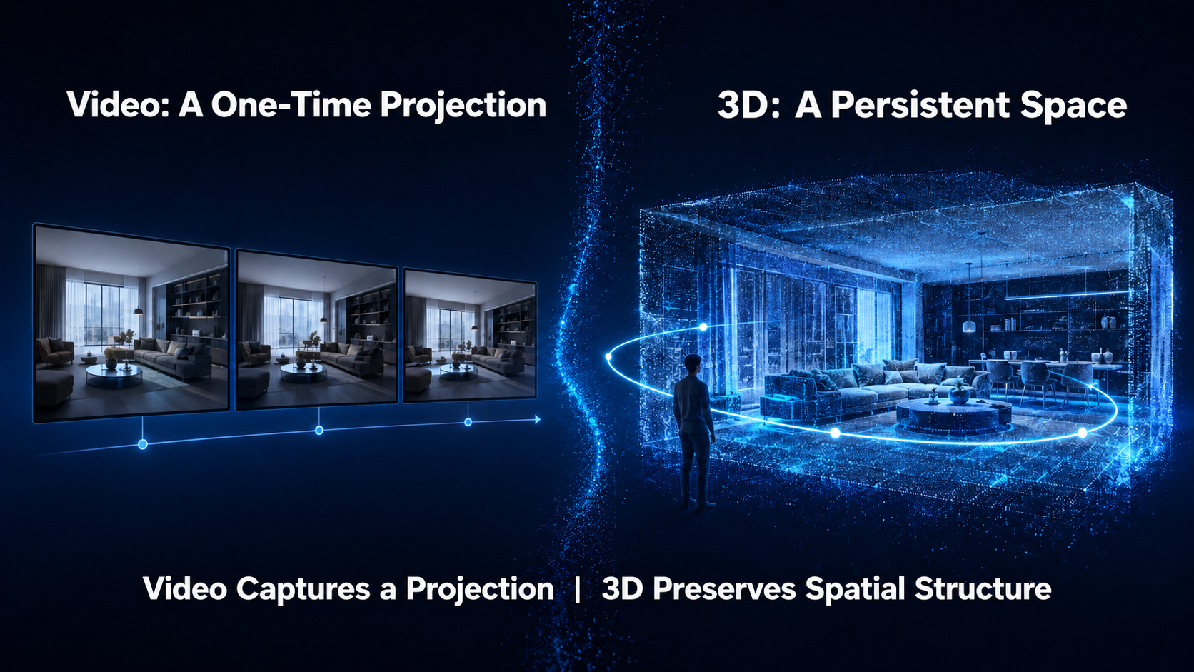 Video captures a one-time projection; 3D preserves a persistent spatial structure.